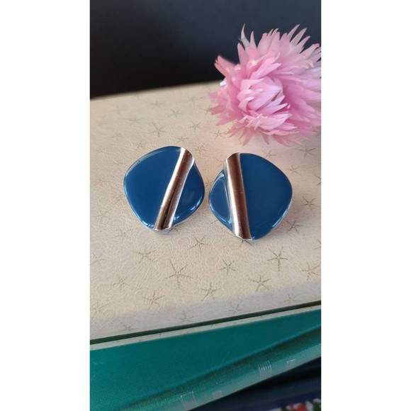 Vintage Blue and Silver Enamel Stud Earrings - Picture 1 of 10